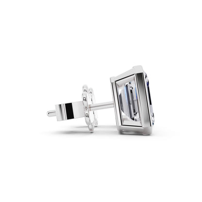 Bezel emerald cut diamond stud earrings side view