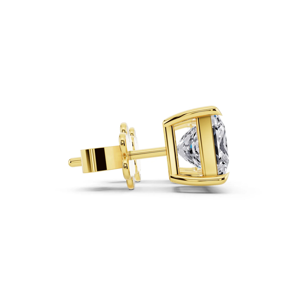 Yellow Gold Tiger-prong Princess Lab Grown Diamond Stud Earrings, side view