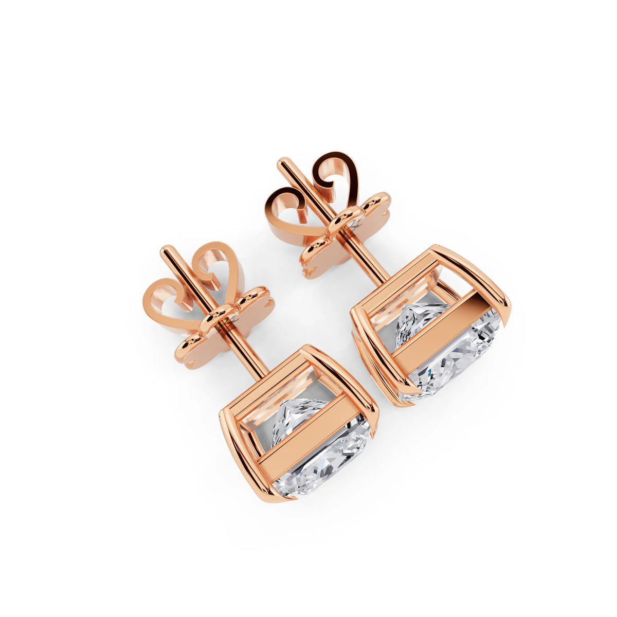 Rose Gold Tiger-prong Princess Lab Grown Diamond Stud Earrings, top view