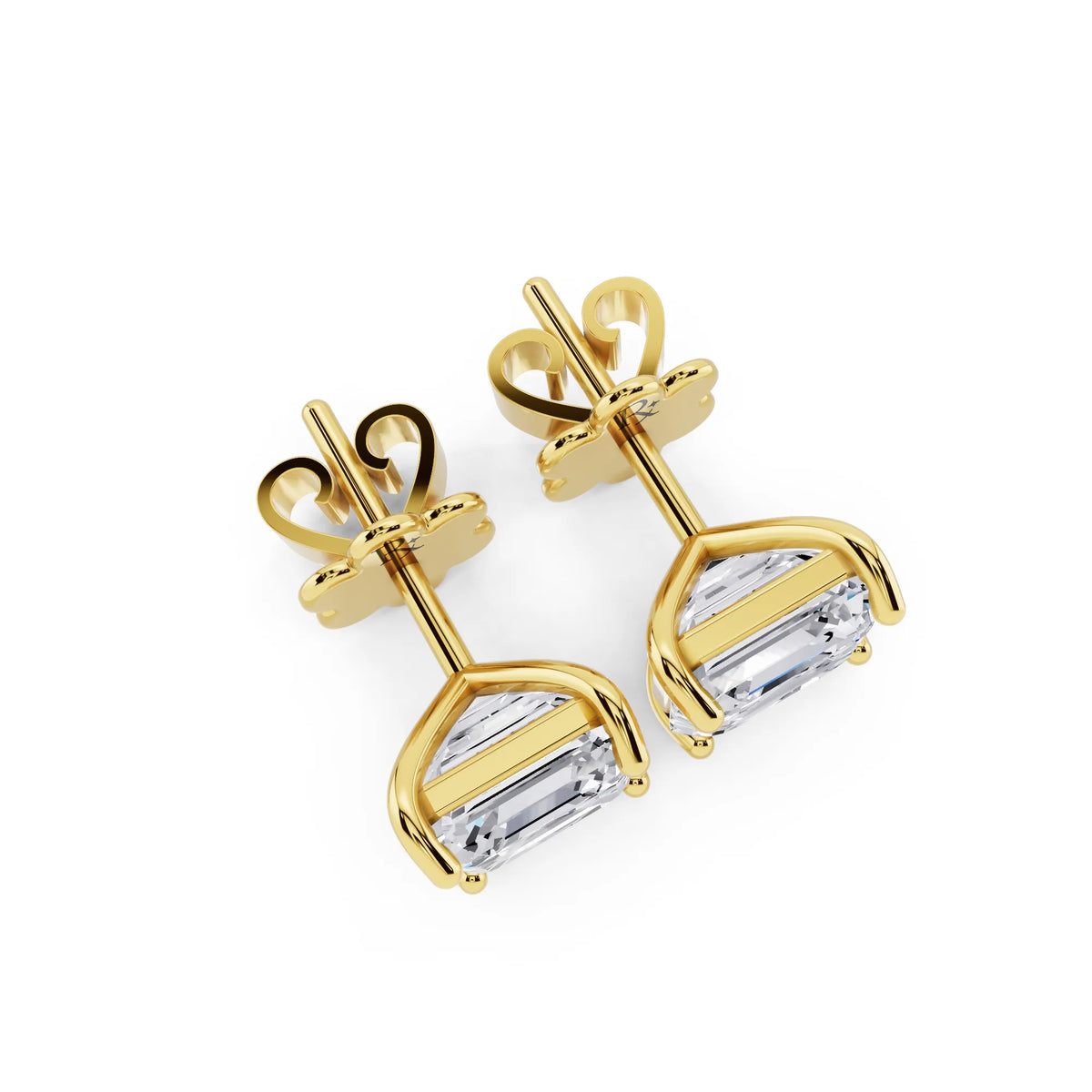 Yellow Gold Martini Asscher Lab Grown Diamond Stud Earrings, top view