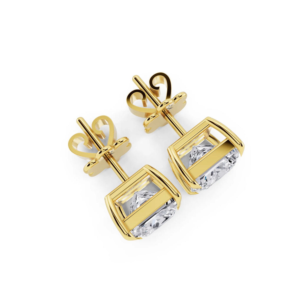 Yellow Gold Tiger-prong Princess Lab Grown Diamond Stud Earrings, top view