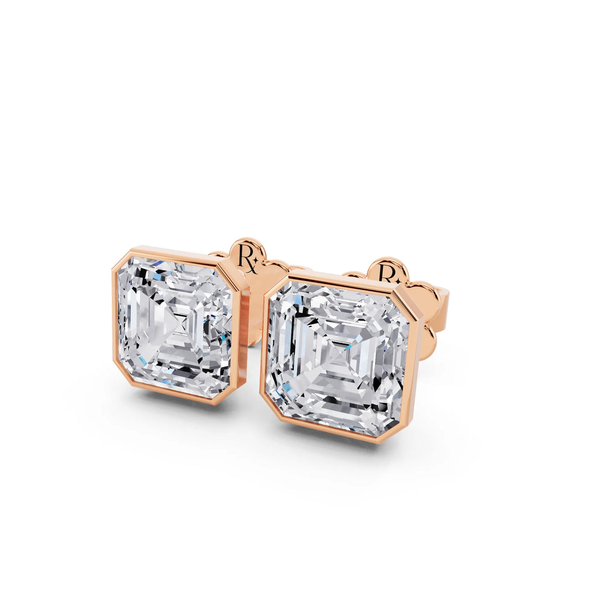 Rose Gold Martini Bezel Asscher Lab Grown Diamond Stud Earrings, close-up