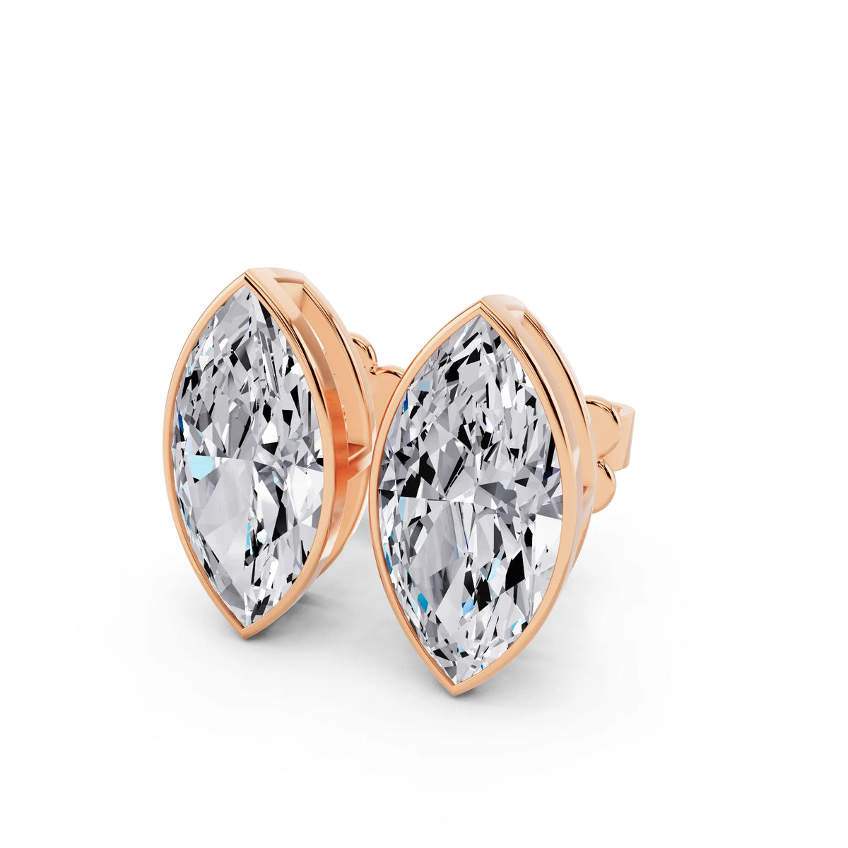 Rose Gold Bezel Marquise Lab Grown Diamond Stud Earrings, close-up