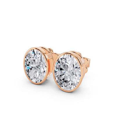 Rose Gold Bezel Oval Lab Grown Diamond Stud Earrings, close-up