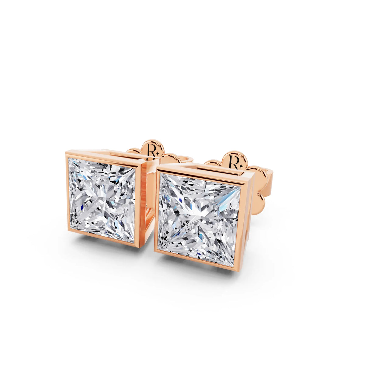Rose Gold Bezel Princess Lab Grown Diamond Stud Earrings, close-up