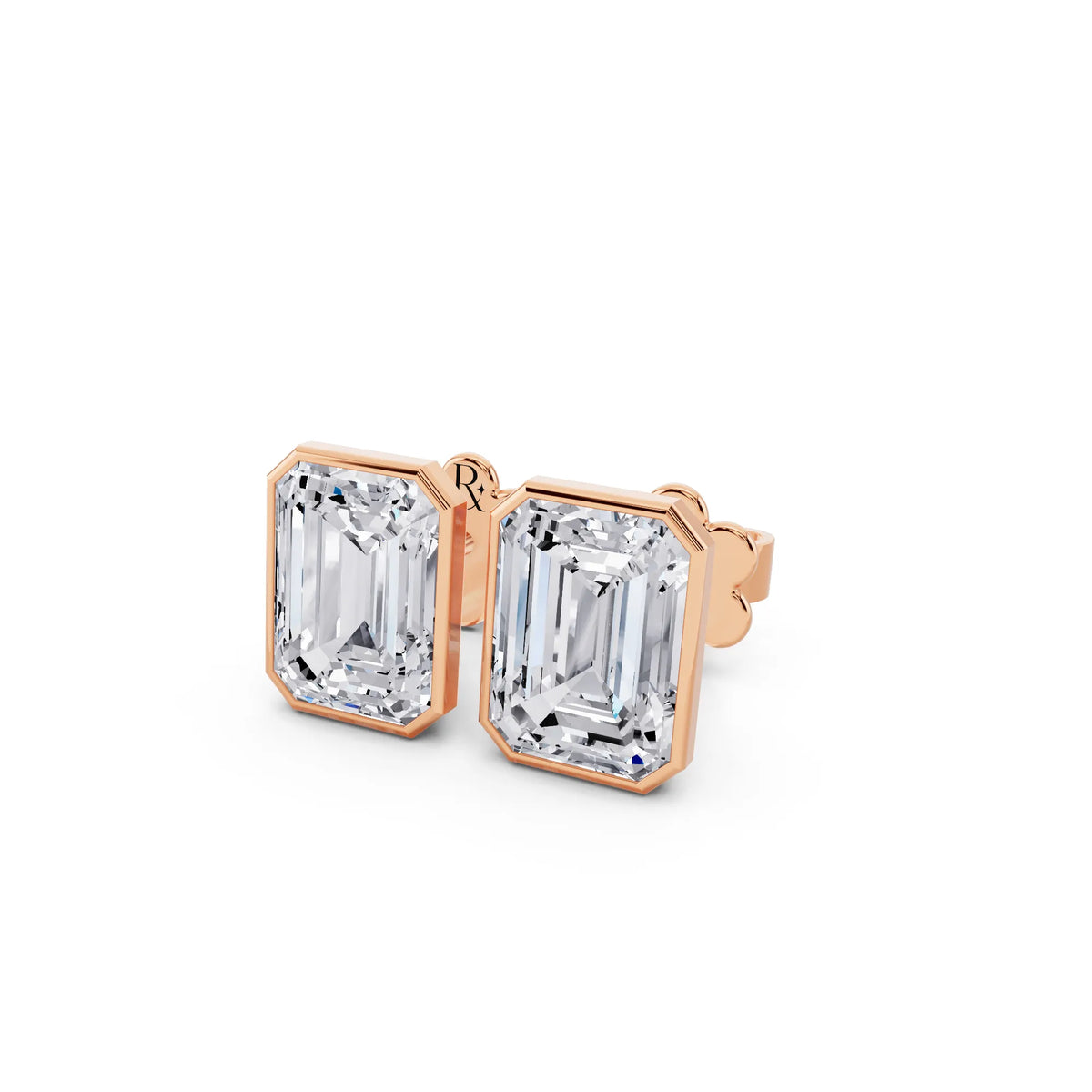 Rose Gold Martini Bezel Emerald Lab Grown Diamond Stud Earrings, close-up