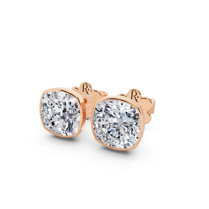 Rose Gold Martini Bezel Cushion Lab Grown Diamond Stud Earrings, close-up