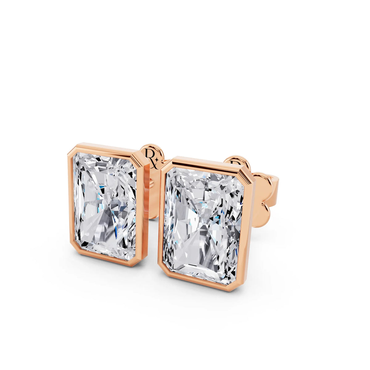 Rose Gold Martini Bezel Radiant Lab Grown Diamond Stud Earrings, close-up