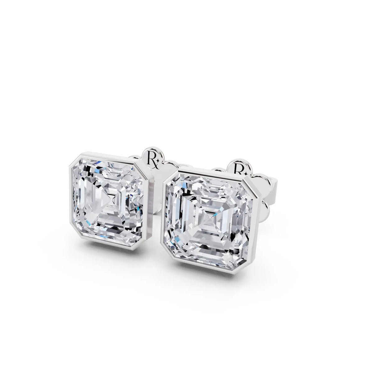 Martini Bezel Asscher Lab Grown Diamond Stud Earrings, close-up