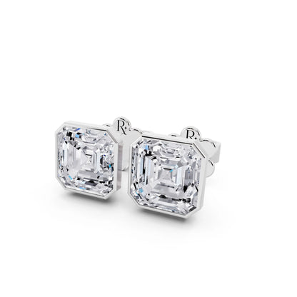 Martini Bezel Asscher Lab Grown Diamond Stud Earrings, close-up