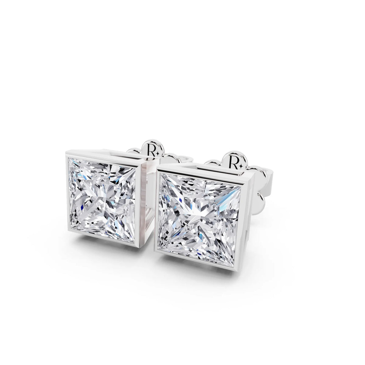 Bezel Princess Lab Grown Diamond Stud Earrings, close-up