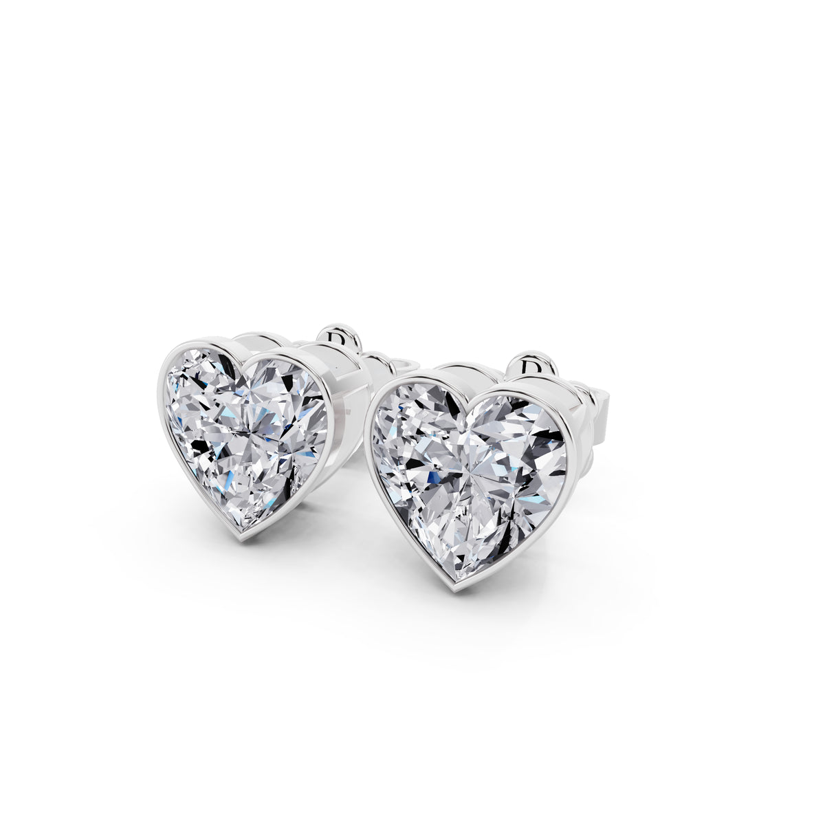 Bezel heart cut diamond stud earrings close up view