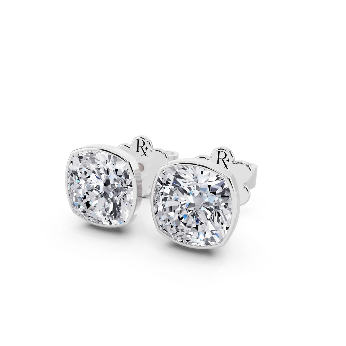 Martini Bezel Cushion Lab Grown Diamond Stud Earrings, close-up