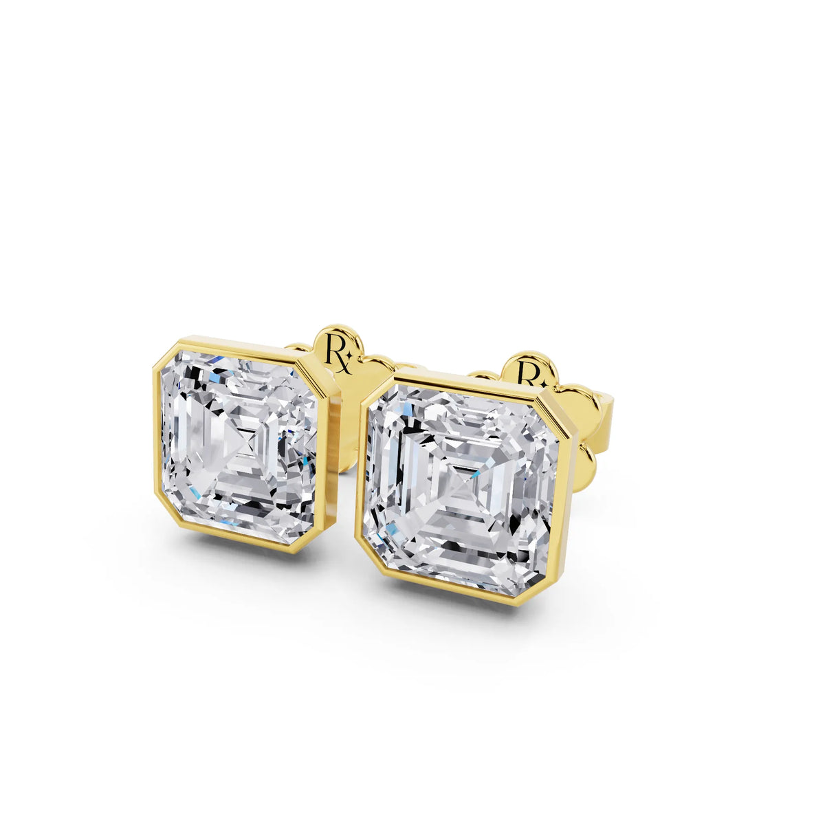 Yellow Gold Martini Bezel Asscher Lab Grown Diamond Stud Earrings, close-up