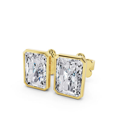Yellow Gold Martini Bezel Radiant Lab Grown Diamond Stud Earrings, close-up
