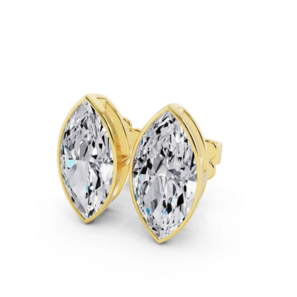 Yellow Gold Bezel Marquise Lab Grown Diamond Stud Earrings, close-up