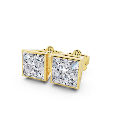 Yellow Gold Bezel Princess Lab Grown Diamond Stud Earrings, close-up