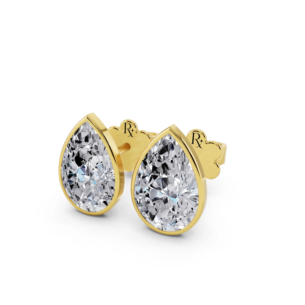 Yellow Gold Martini Bezel Pear Lab Grown Diamond Stud Earrings, close-up