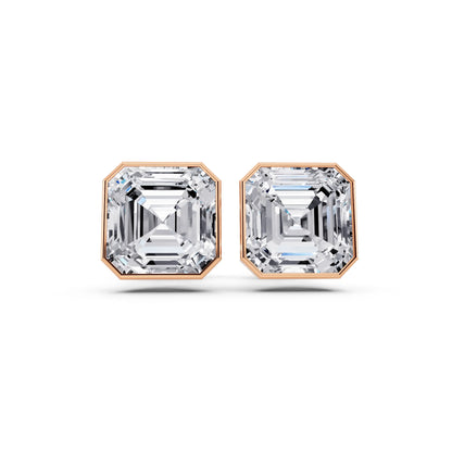 Rose Gold Martini Bezel Asscher Lab Grown Diamond Stud Earrings, front view