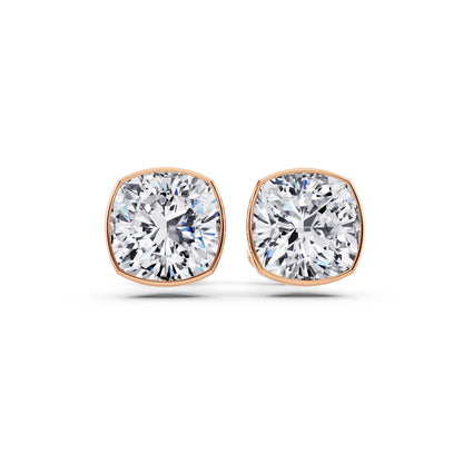Rose Gold Martini Bezel Cushion Lab Grown Diamond Stud Earrings, front view