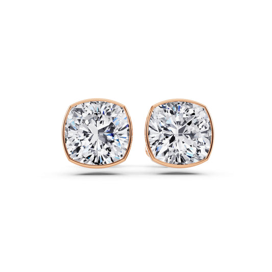 Rose Gold Martini Bezel Cushion Lab Grown Diamond Stud Earrings, front view