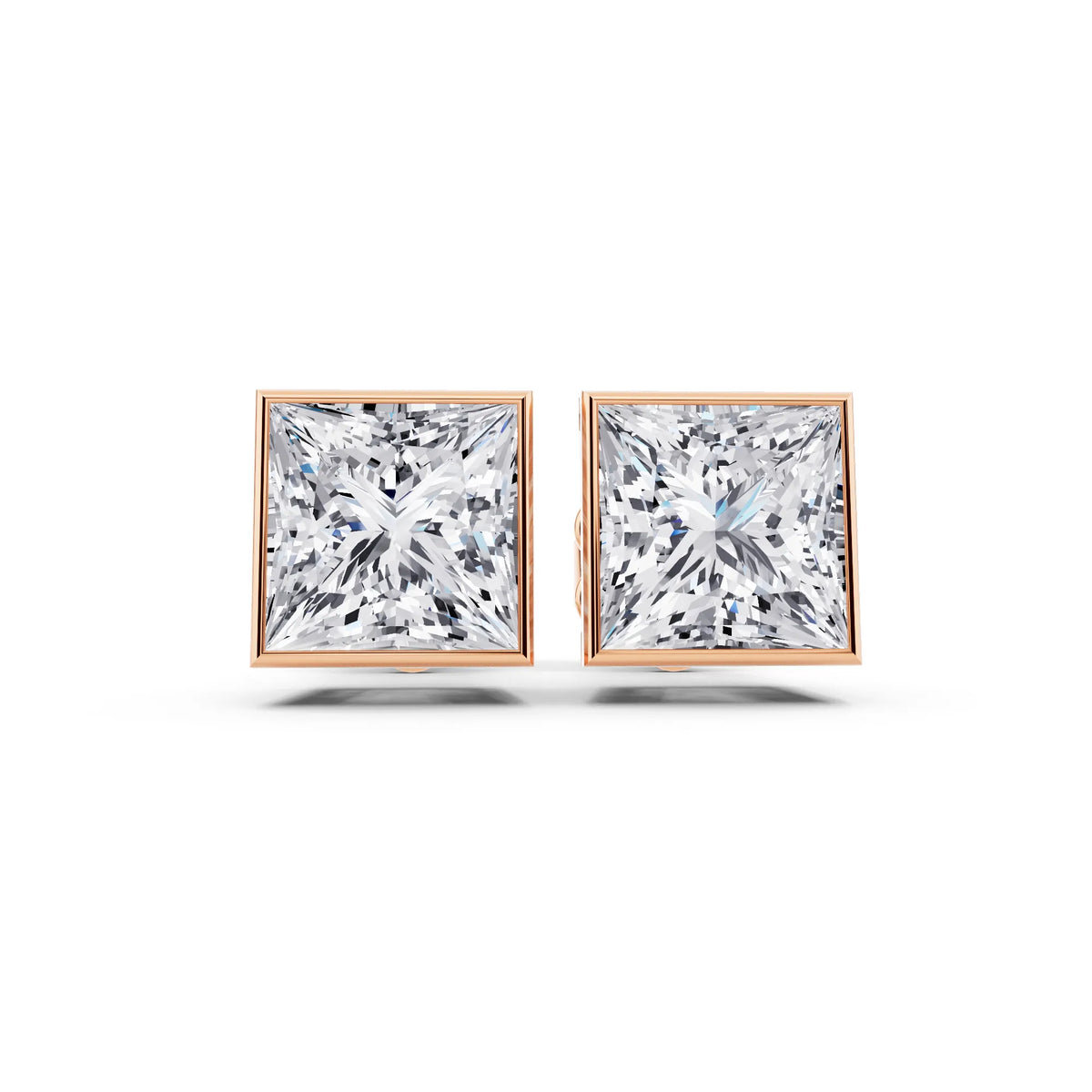 Rose Gold Bezel Princess Lab Grown Diamond Stud Earrings, front view