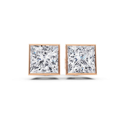 Rose Gold Bezel Princess Lab Grown Diamond Stud Earrings, front view