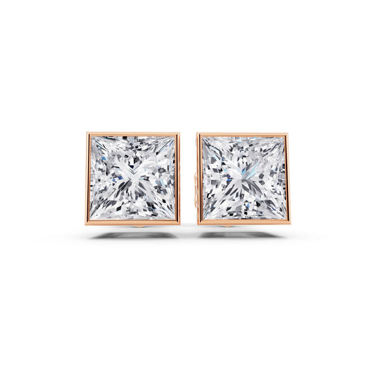 Rose Gold Bezel Princess Lab Grown Diamond Stud Earrings, front view