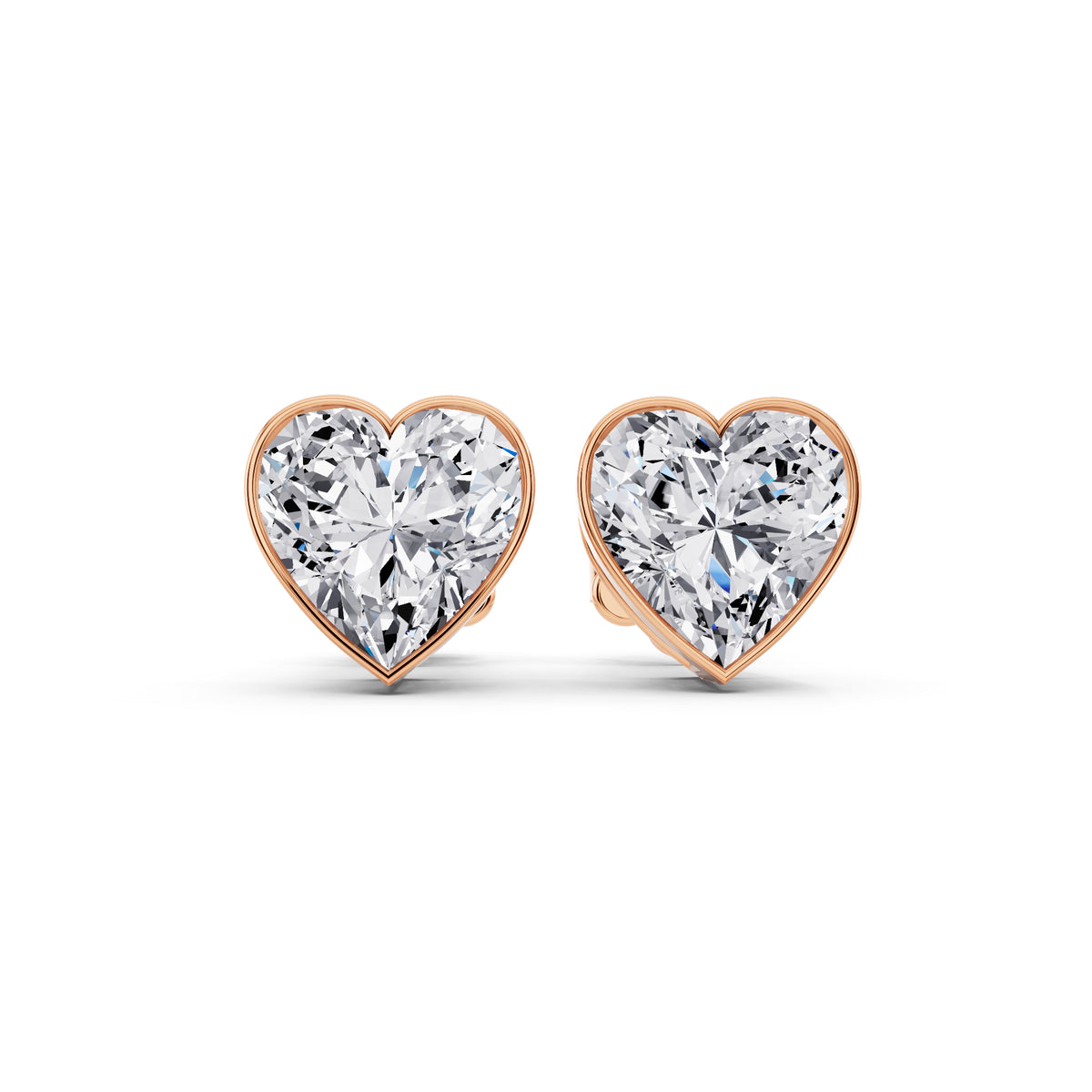 Bezel heart cut diamond stud earrings rose gold front view