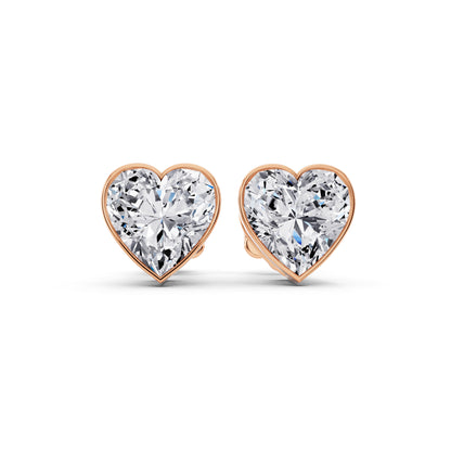Bezel heart cut diamond stud earrings rose gold front view