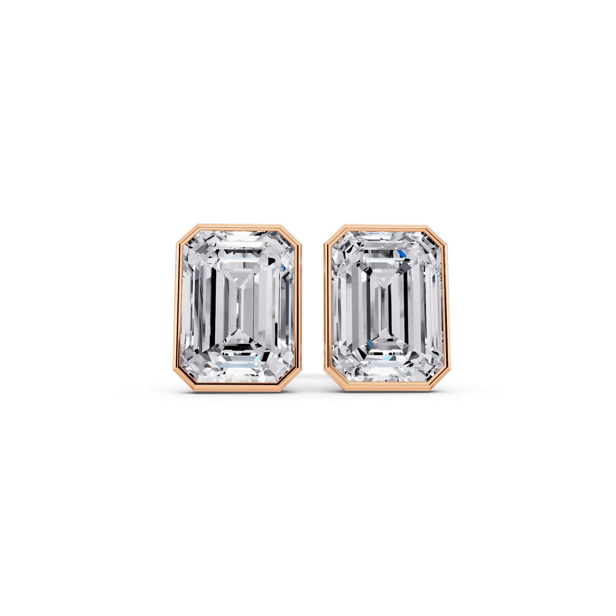Rose Gold Martini Bezel Emerald Lab Grown Diamond Stud Earrings, front view