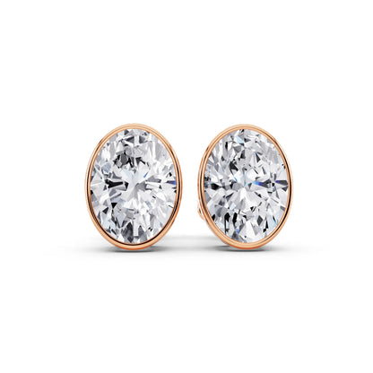 Rose Gold Bezel Oval Lab Grown Diamond Stud Earrings, front view
