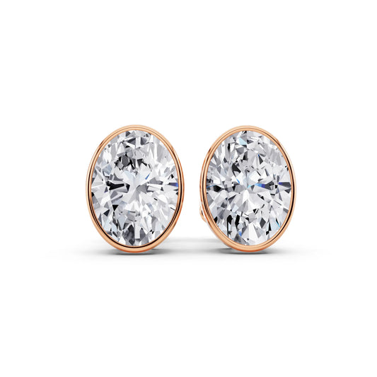 Rose Gold Bezel Oval Lab Grown Diamond Stud Earrings, front view