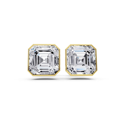 Yellow Gold Martini Bezel Asscher Lab Grown Diamond Stud Earrings, front view