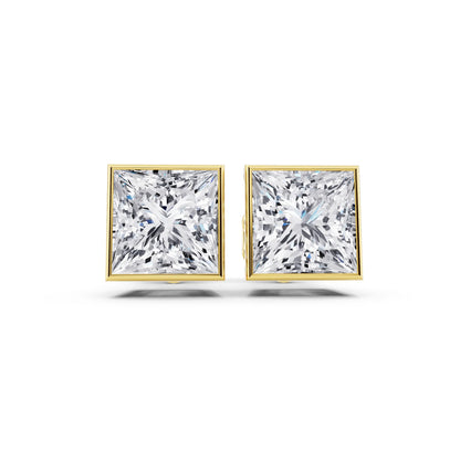 Yellow Gold Bezel Princess Lab Grown Diamond Stud Earrings, front view