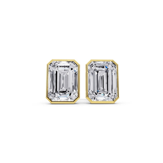 Yellow Gold Martini Bezel Emerald Lab Grown Diamond Stud Earrings, front view