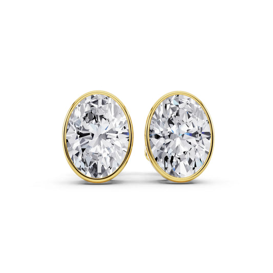 Yellow Gold Bezel Oval Lab Grown Diamond Stud Earrings, front view