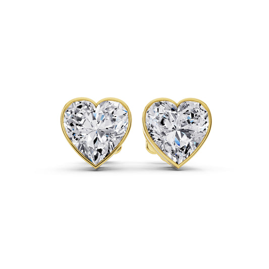 Bezel heart cut diamond stud earrings yellow gold front view
