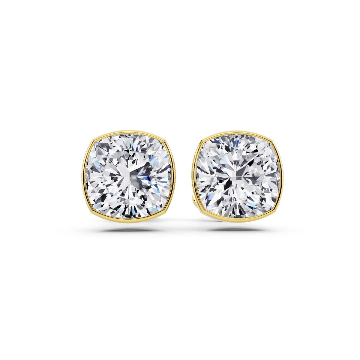 Cushion cut martini-bezel diamond stud earrings in yellow gold, front view