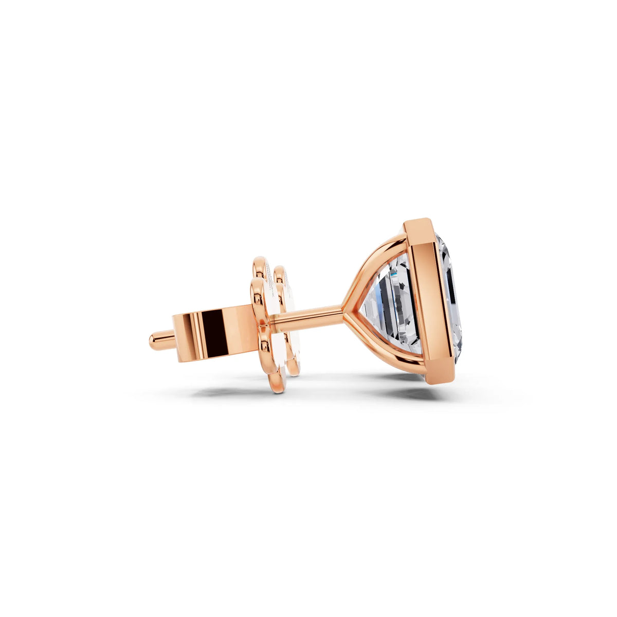 Rose Gold Martini Bezel Asscher Lab Grown Diamond Stud Earrings, side view