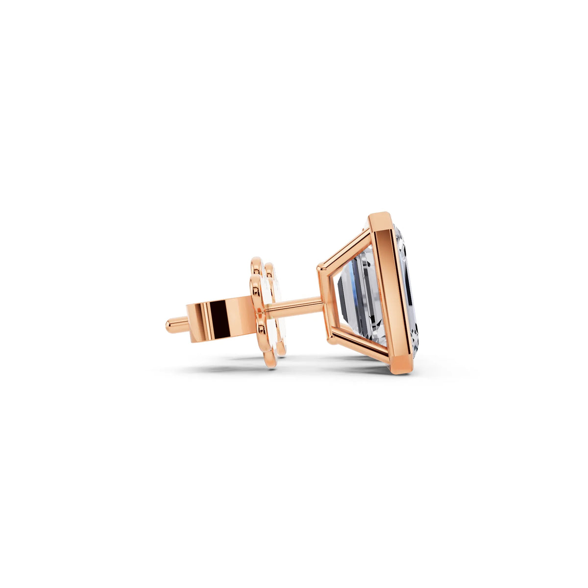 Rose Gold Martini Bezel Emerald Lab Grown Diamond Stud Earrings, side view