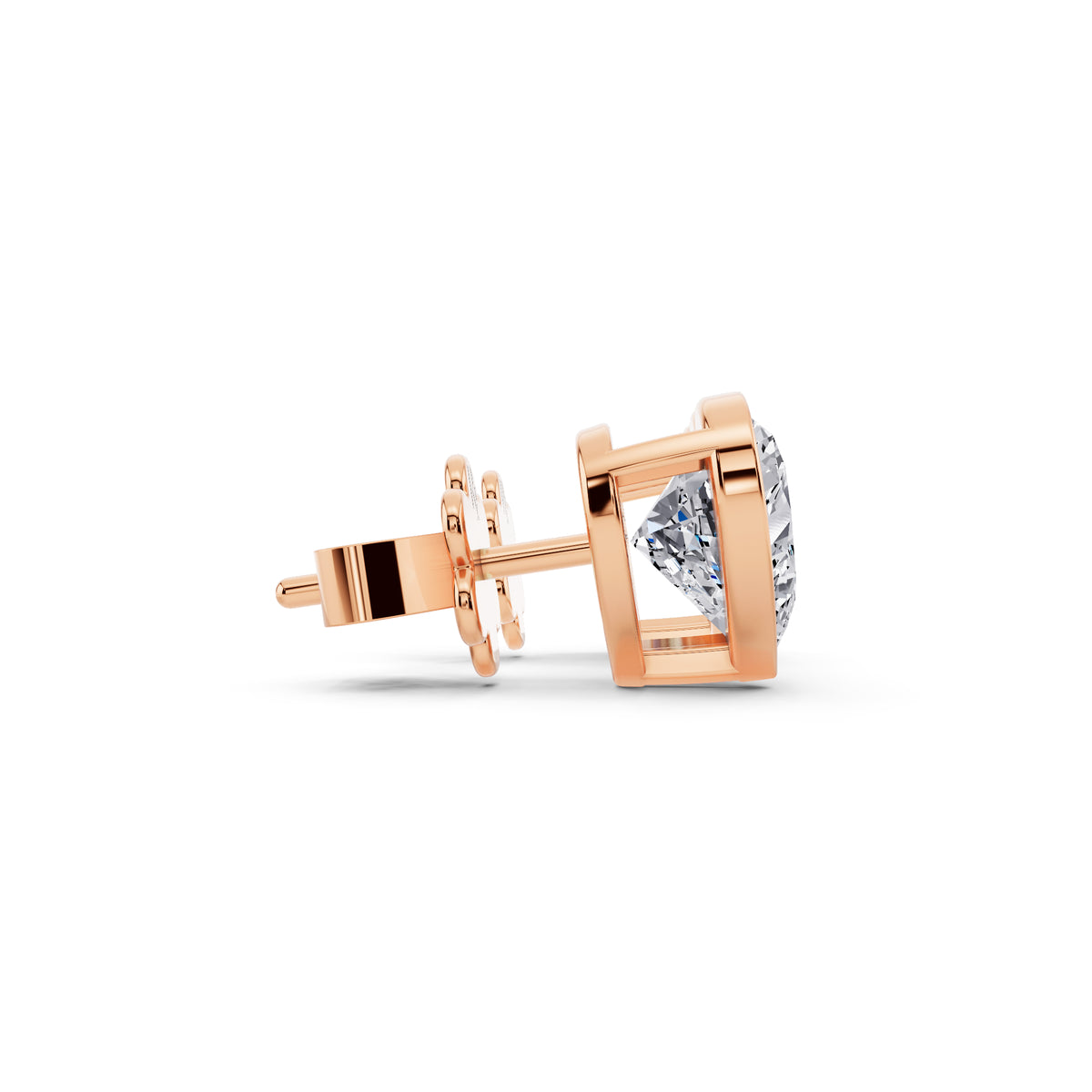 Bezel heart cut diamond stud earrings rose gold side view
