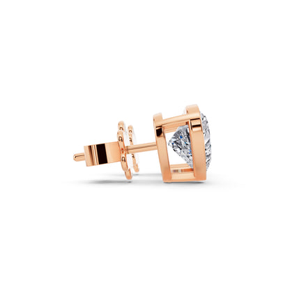 Bezel heart cut diamond stud earrings rose gold side view