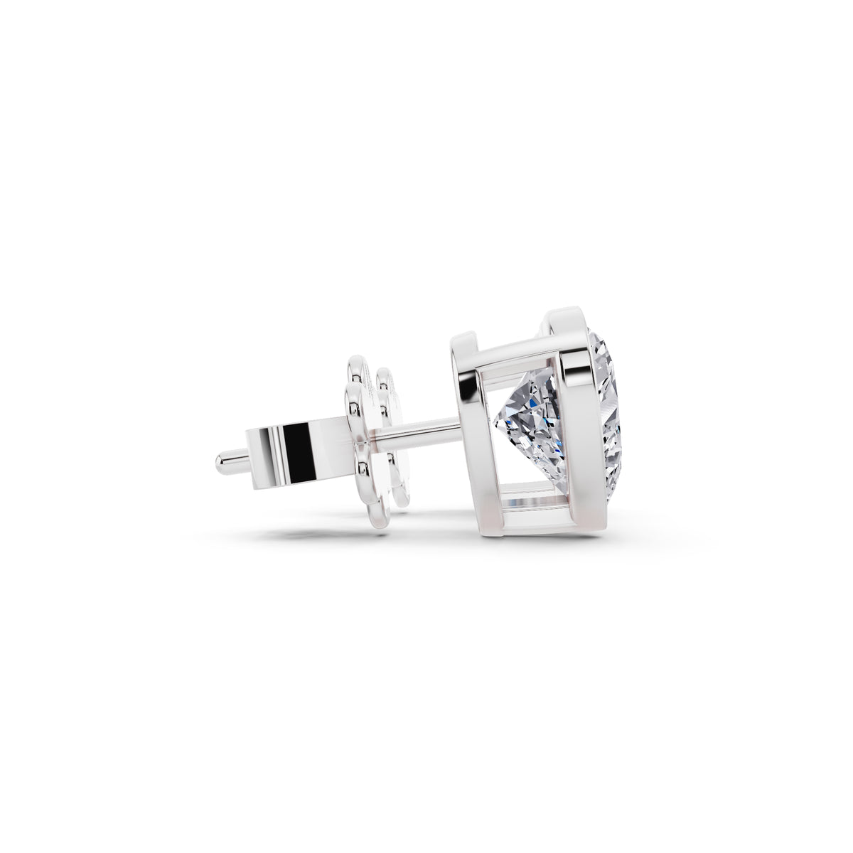 Bezel heart cut diamond stud earrings side view