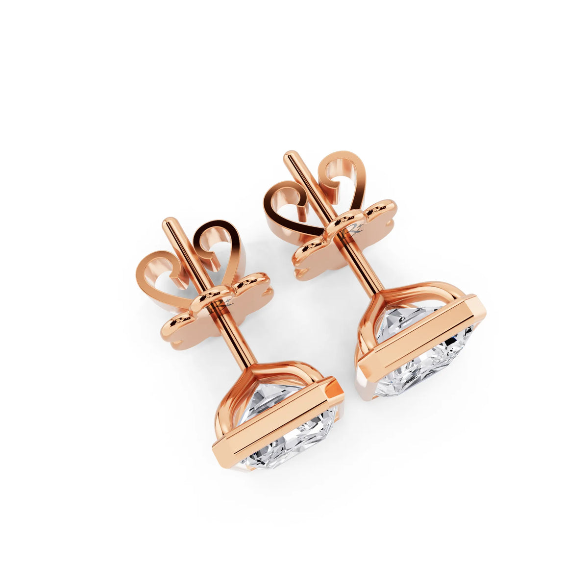 Rose Gold Martini Bezel Radiant Lab Grown Diamond Stud Earrings, top view