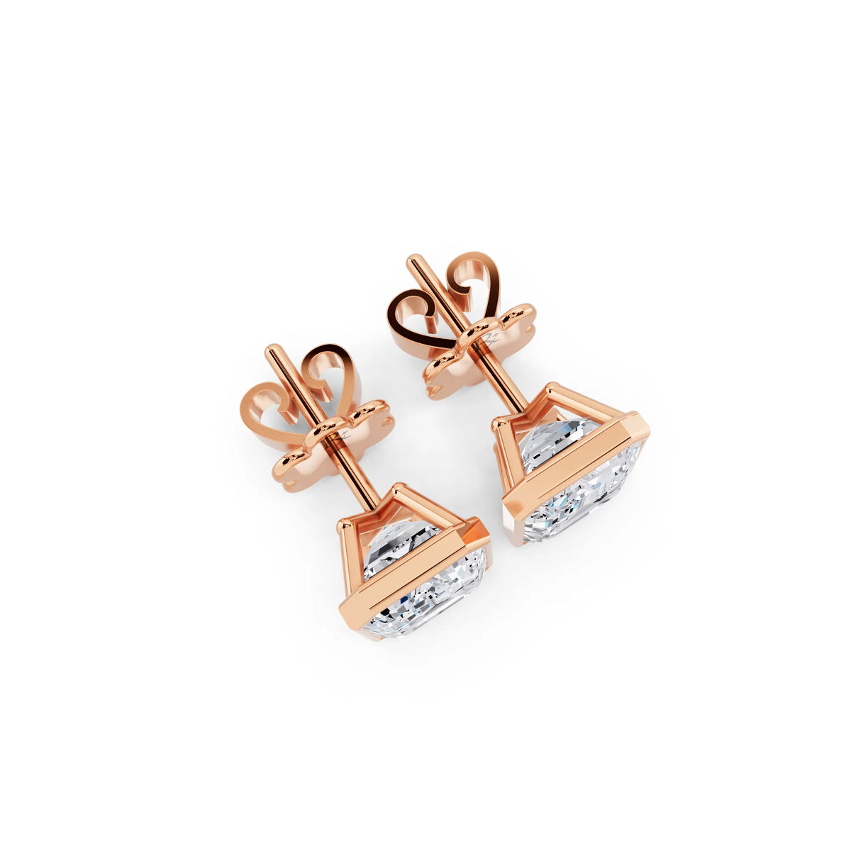 Rose Gold Martini Bezel Emerald Lab Grown Diamond Stud Earrings, top view