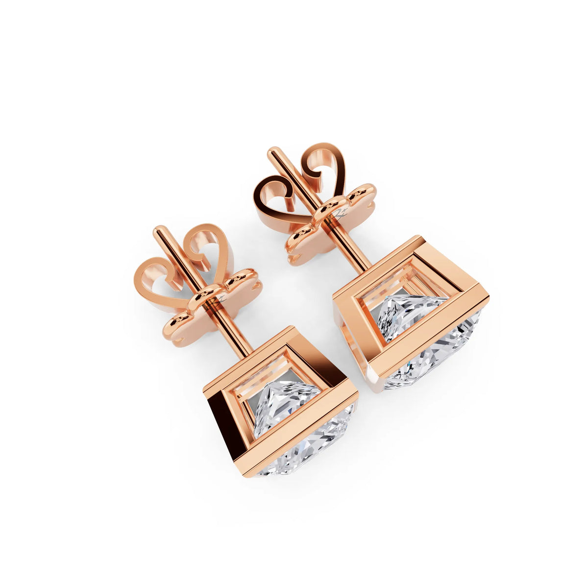 Rose Gold Bezel Princess Lab Grown Diamond Stud Earrings, top view