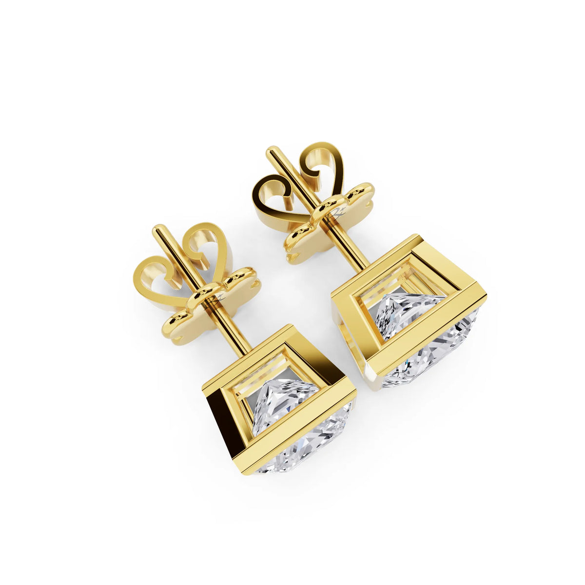 Yellow Gold Bezel Princess Lab Grown Diamond Stud Earrings, top view