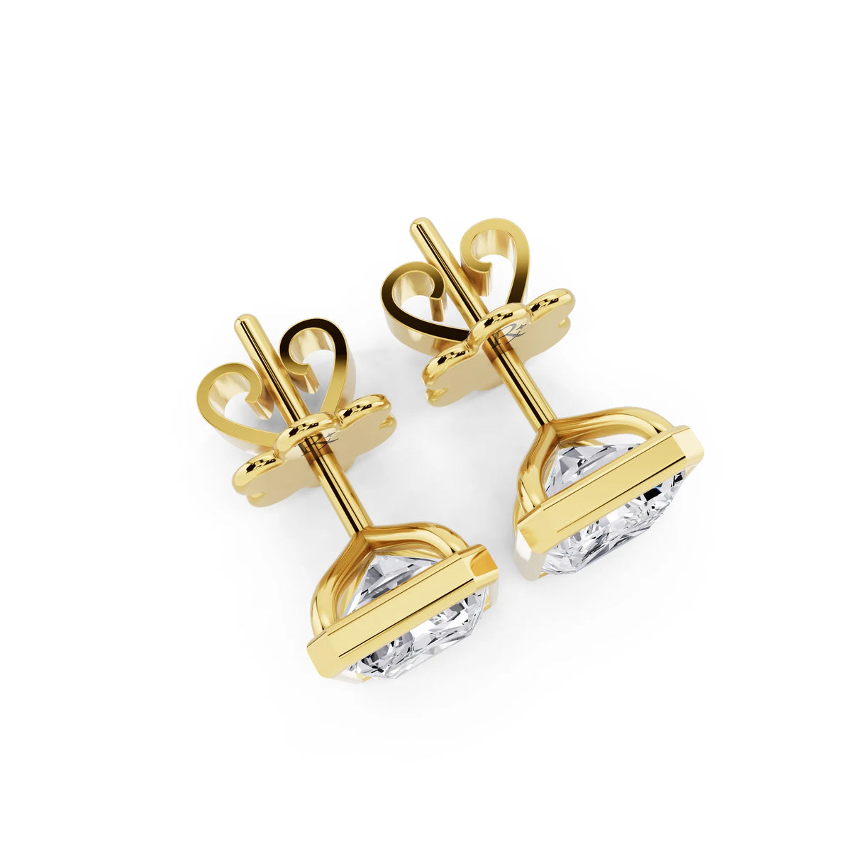 Yellow Gold Martini Bezel Radiant Lab Grown Diamond Stud Earrings, top view