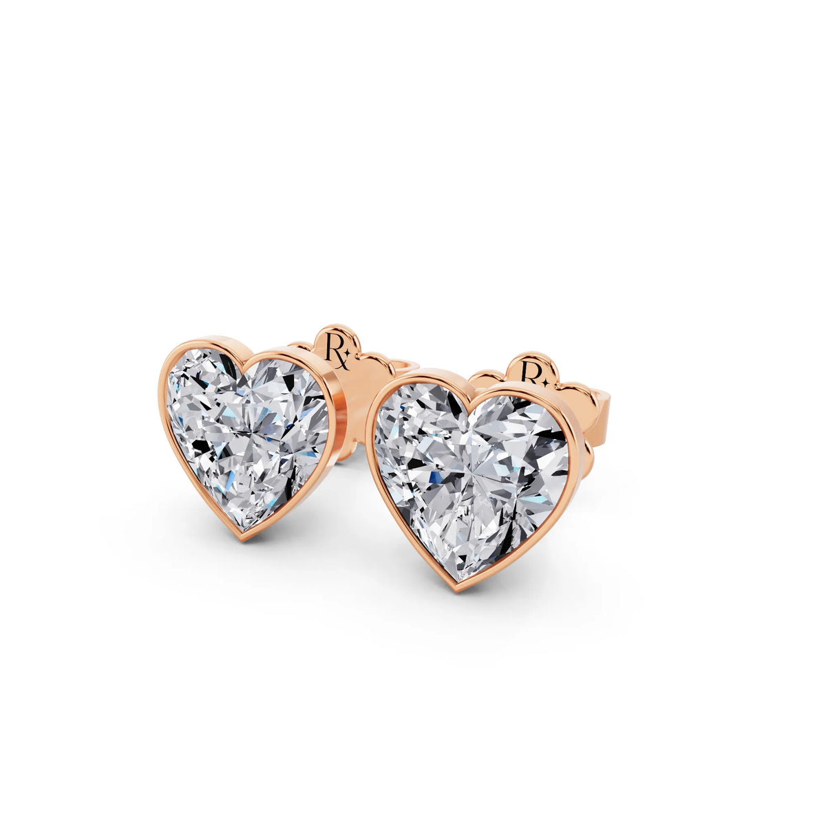 Rose Gold Martini Bezel Heart Lab Grown Diamond Stud Earrings, close-up